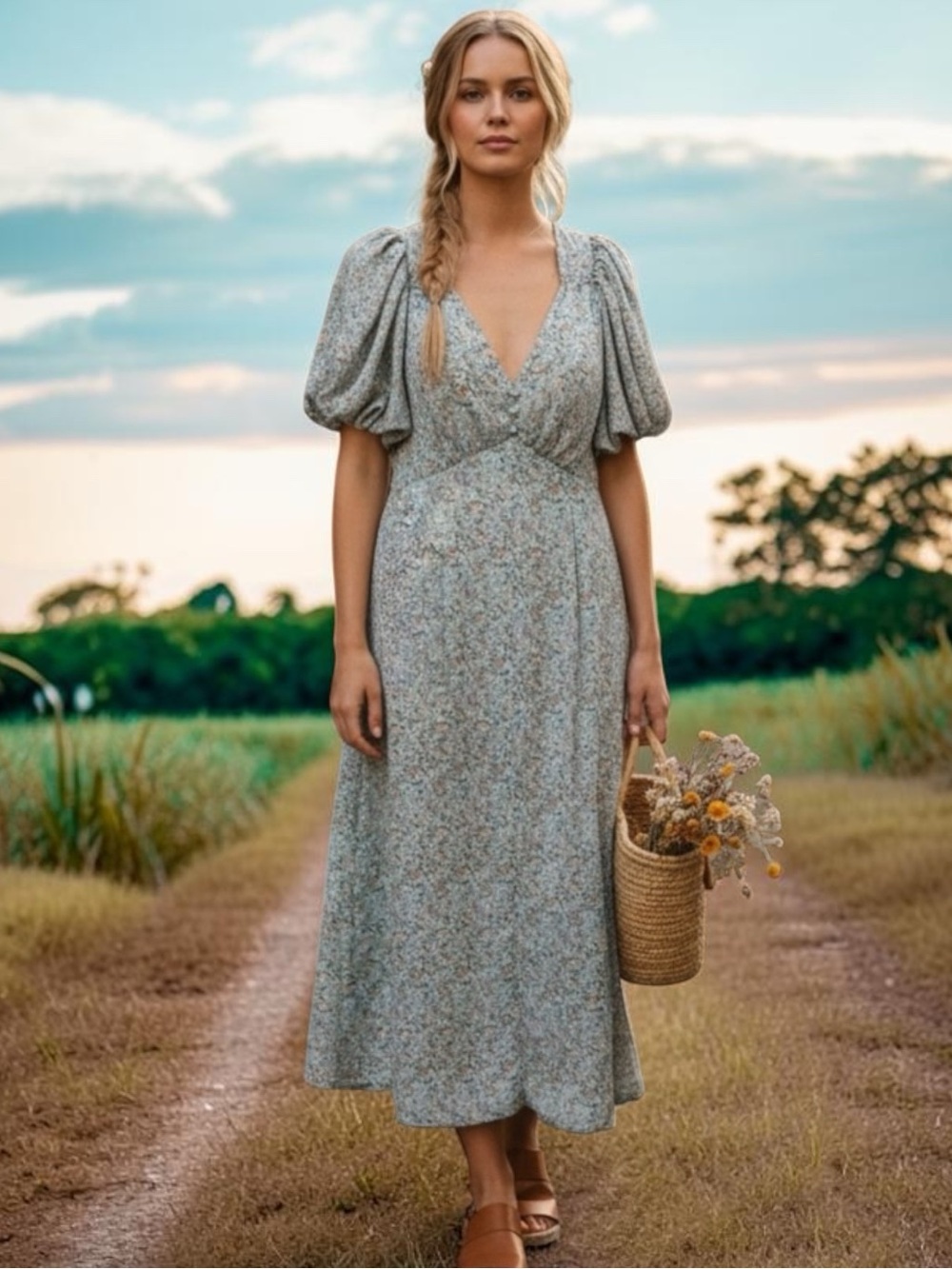 BY THE RIVER Light Blue Floral Midi Dress Flutter Sleeves Prairie Scandi Medium